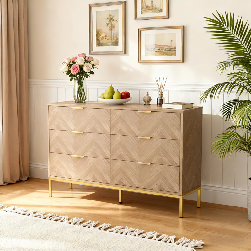 Pricillia 6 - Drawer Dresser Mid Century Natural 6 Drawer Double Dresser
