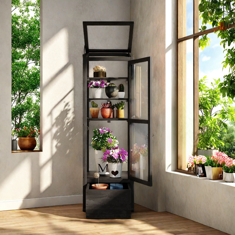 Black Fir Wood Garden Greenhouse with Adjustable Shelves and Storage Box