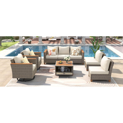 K&K 8-Piece Wicker Outdoor Patio Furniture Set with Thick Cushion, Rattan Patio Swivel Rocking Chairs Set of 2 with Acacia Storage Table , Wicker Conversation Set for Outdoor Couch, Backyard, Beige
