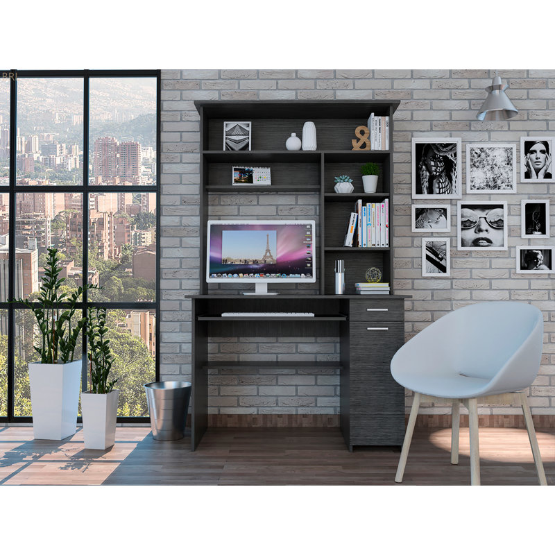 2-Drawer 7-Shelf Computer Desk With Hutch, Gray