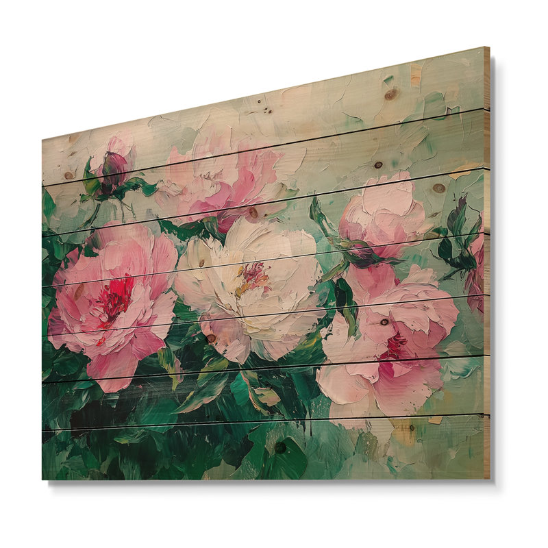 Harmonie de pivoines vertes dansant - décoration murale en bois de pivoines - sur bois de pin naturel