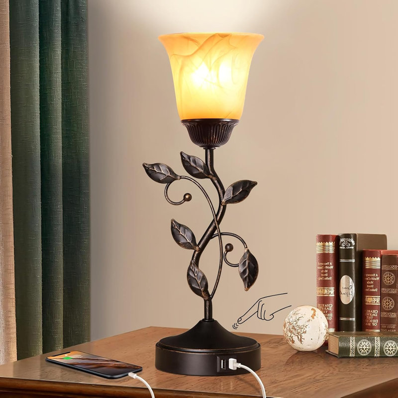 Lampe de table vintage en forme de feuille à commande tactile avec variateur à 3 niveaux et 2 ports USB C+A