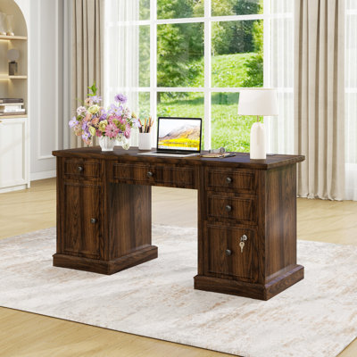 Bureau d'ordinateur 59 po Farmhouse - Prises de courant, classeur verrouillable et 4 tiroirs