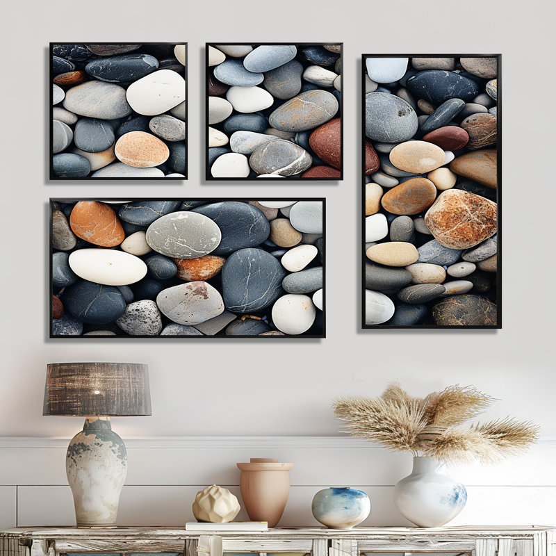 Rocher près de la plage - art mural bleu côtier 4 pièces, Impression encadrée sans passe-partout, Noir