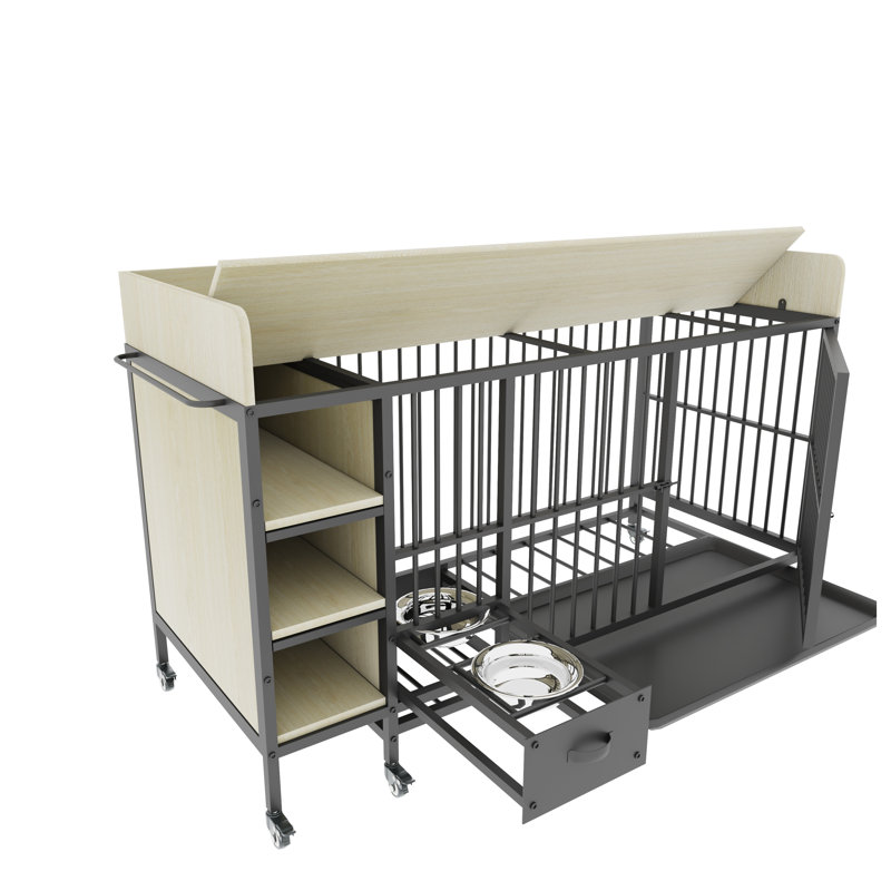 Grande cage intérieure pour chien avec tablettes de rangement, chenil roulant en métal pour animaux avec tiroirs d'alimentation et porte-serviettes