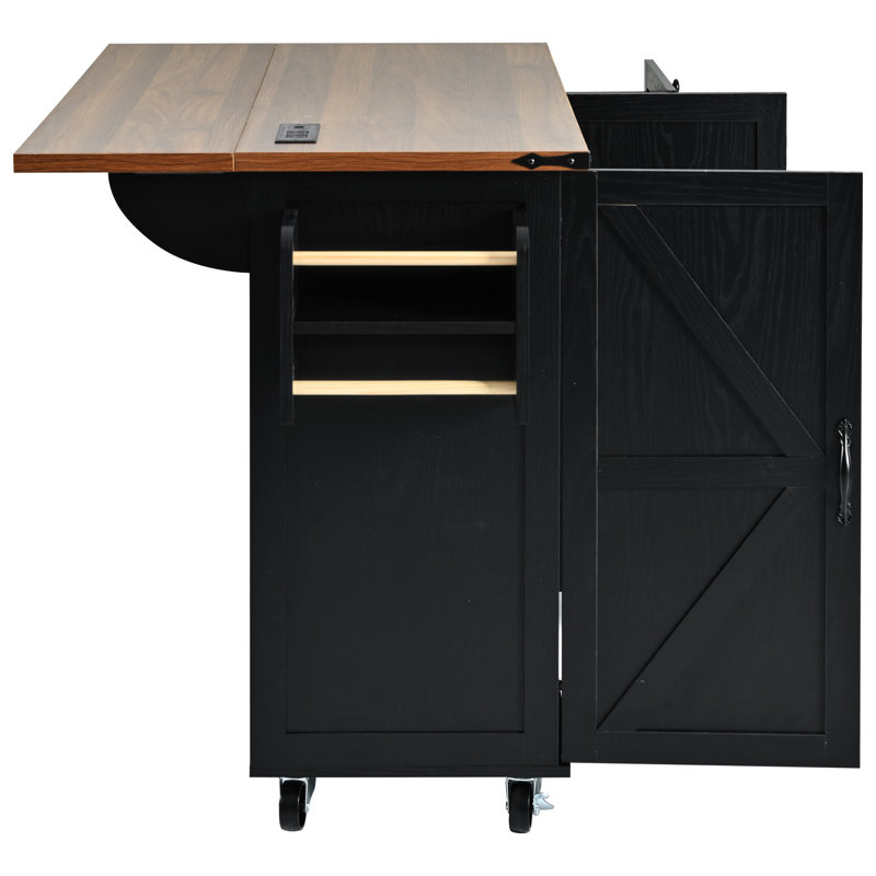 54.5" Farmhouse Kitchen Island with Power Outlet, Kitchen Storage Island with Internal Storage Rack, Drop Leaf, Spice Rack, Rolling Kitchen Cart on Wheels, for Home, Kitchen and Dining Room