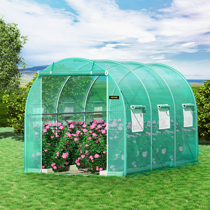 Serre tunnel de 3,66 m x 2,13 m x 2,13 m (12 pi x 7 pi x 7 pi), 1 poutre supérieure, 2 poteaux diagonaux, 1 porte à fermeture éclair et 6 fenêtres enroulables, serre portative pour plantes avec arceaux en acier galvanisé, verte