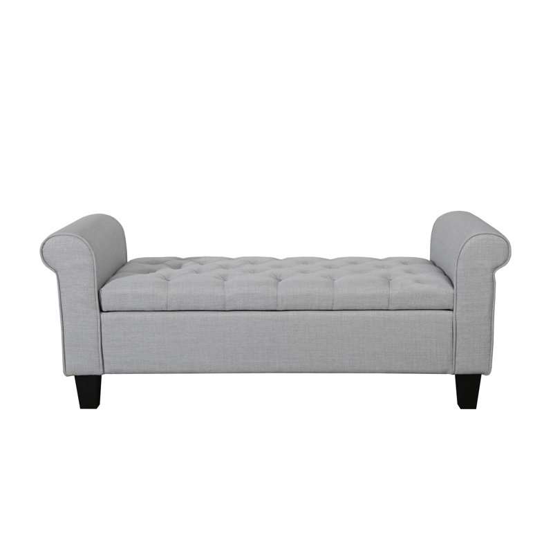 Claxton 50 Inch Contemporary Button Tufted Upholstered Storage Bench with Flip Top, Rolled Arms, Soft Close Hinges, Gray
