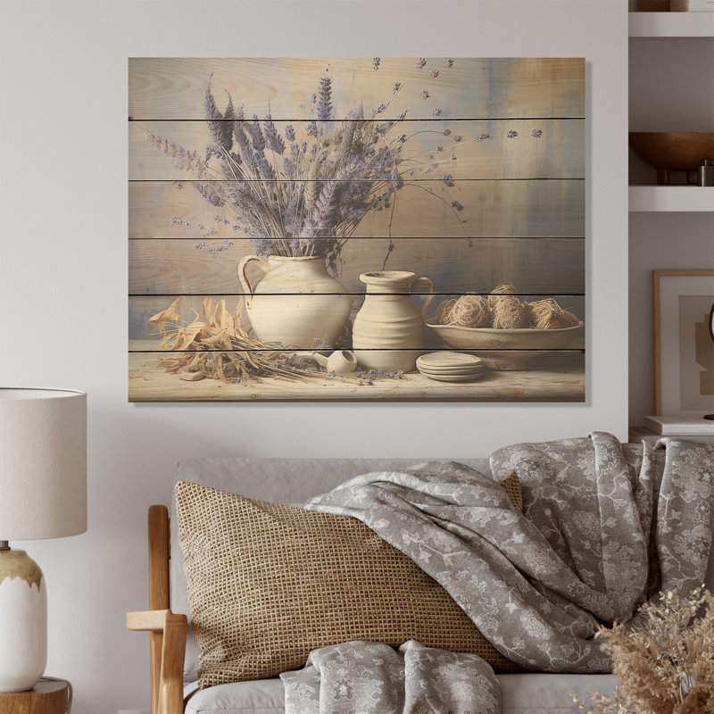Lavender Farmhouse Still Life - Herbs Wood Wall Art On Natural Pine Wood, 30" H x 40" W