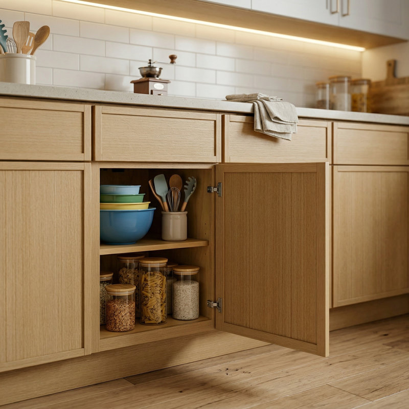 Armoire de cuisine moderne en chêne blanc avec boîte en contreplaqué, tiroirs et charnières à fermeture en douceur, agencements personnalisés
