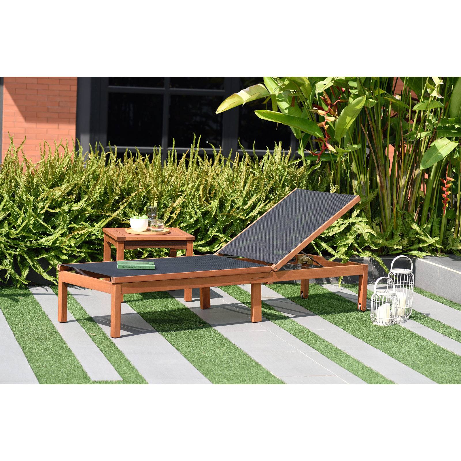 Rafael 23.4'' Outdoor Eucalyptus Chaise Lounge, Black