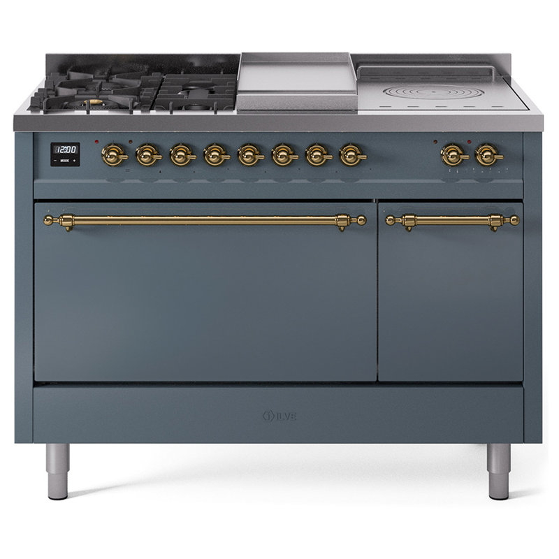 Cuisinière à double combustible ILVE Nostalgie II Series 48 po avec 5 brûleurs scellés, plaque de cuisson et table française (propane liquide, porte pleine)