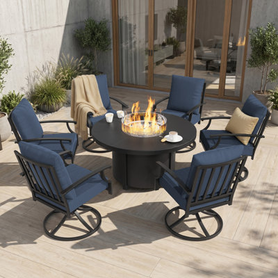 7-Piece Outdoor Fire Pit Set With 48" Aluminum Gas Table (40,000 BTU) & 6 High-Back Swivel Glider Chairs
