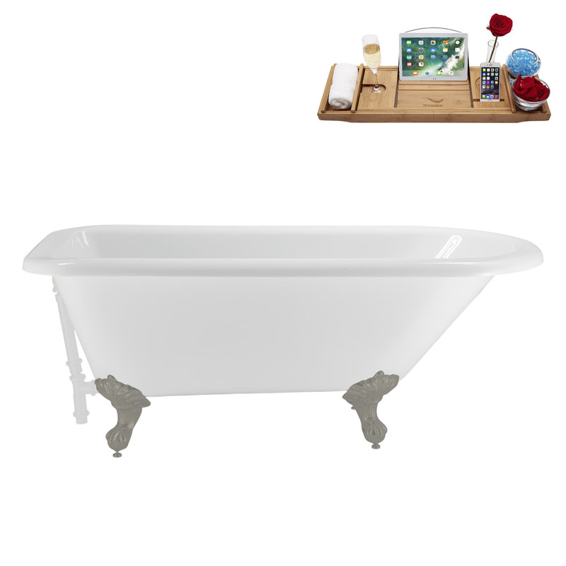 62" Streamline Clawfoot Tub,Tray,Drain, Clawfeet, Brushed Gun Metal, Glossy White