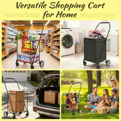 Shopping Cart Grocery Cart on Wheels - Waterproof Bag Included, 10-min Assembly Utility Wagon, Lightweight Shopping Cart with 360° Swivel Wheels for Grocery, Apartments, Laundry, Max Load 100 lbs