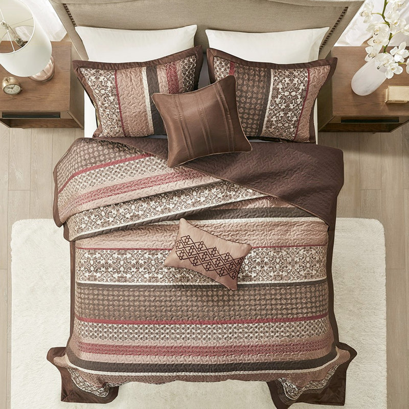 Literie réversible 5 pièces Red King - élégante feuille géométrique et médaillon, 100% avec revers de couleur unie, comprend 1 couvre-lit, 2 taies décoratives, coussins décoratifs, facile à entretenir
