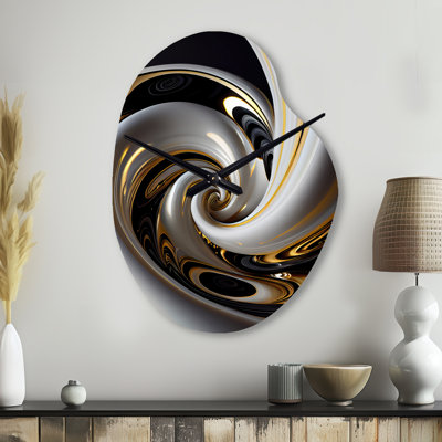 Gold Black And White Stained Glass III - Abstract Spirals Asymmetrical Metal Wall Clocks, Gold Unique Shape Wall Clock Print