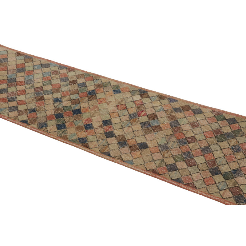 Vintage Distressed Runner Rug, Polychromatic Geometric Design - Rug & Kilim