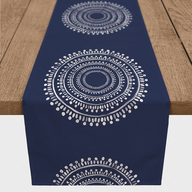 Bethani Rectangle Geometric Polyester Table Runner, 72" x 16", Navy