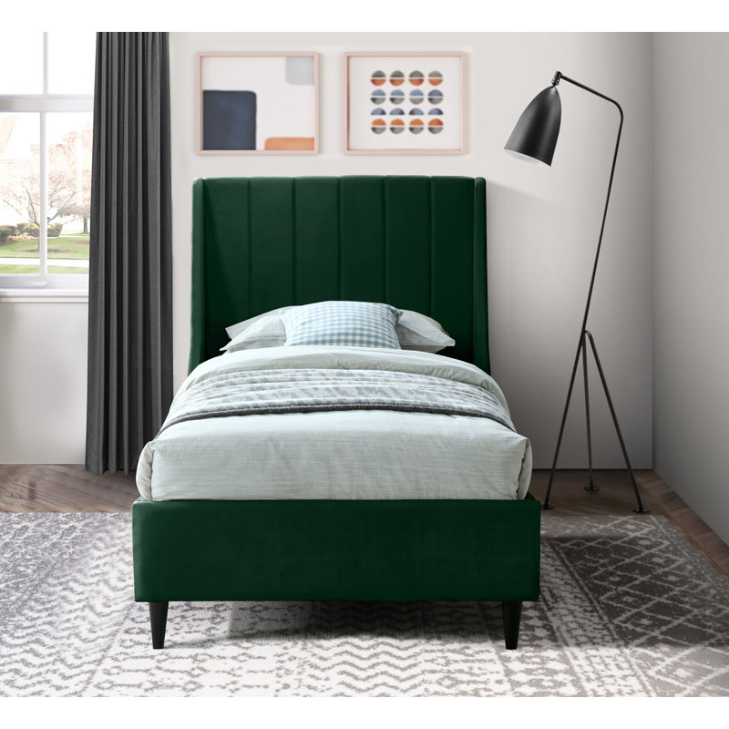 Eva Upholstered Low Profile Platform Bed, Green Velvet, Twin