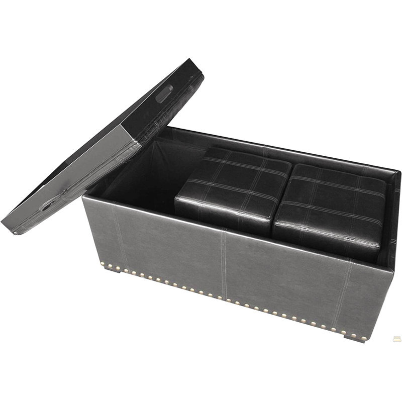Leather Storage Bench With 2 Black Side Ottomans, To Table, Ideal For Living Room, Nail Heads Ornament, 16" H X 39.68" W 40" D Bench, 13" 13.5" Ottomans Can Convert Suitable Appearance,