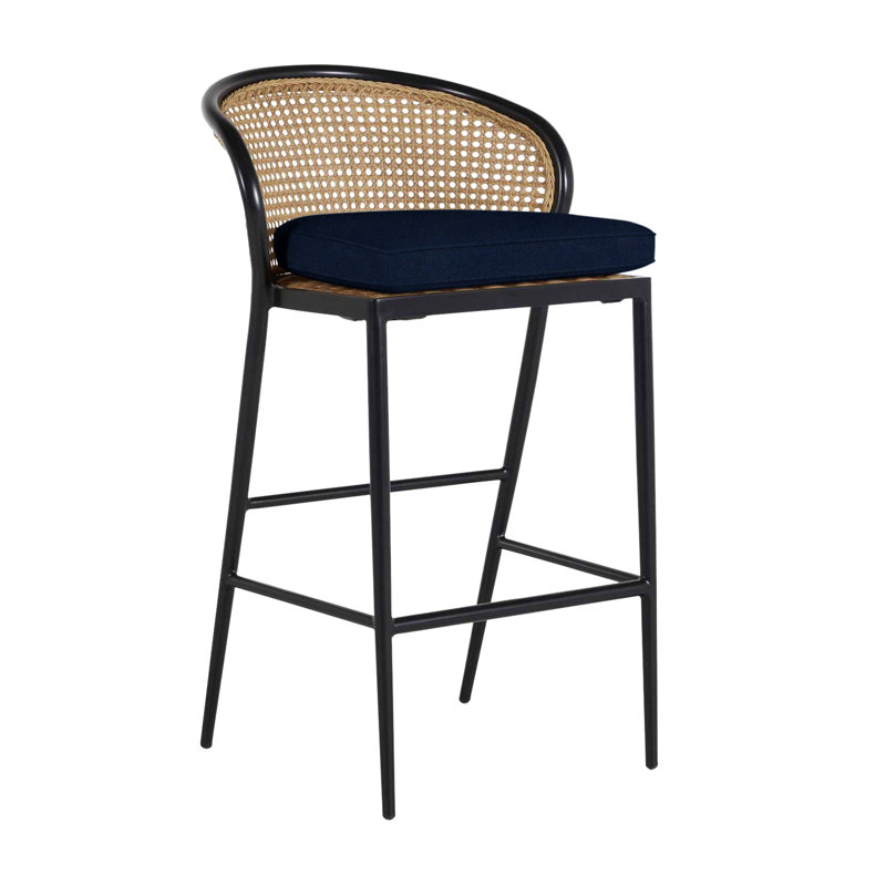Havana 23.63 Patio Bar Stool with Cushion, Welt, Chalk/Natural Cane, Intermix Indigo