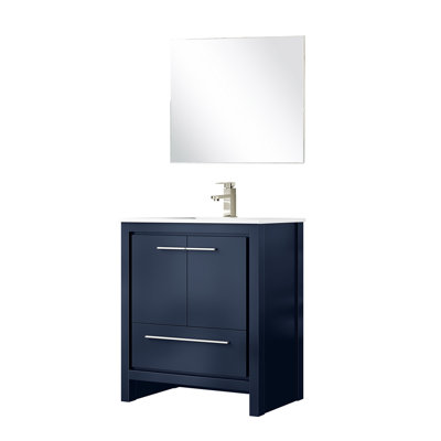 30 In. W X 20 D Navy Blue Vanity, White Quartz Top, Brushed Nickel Faucet And 28 Mirror - Resistance To Daily Wear Tear Countertop, Attractive