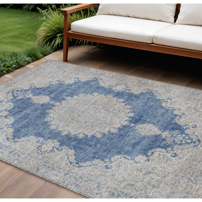 9' X 12' Navy Blue Oriental Washable Indoor Outdoor Area Rug