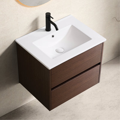 Lavabo de salle de bain de 61 cm avec rangement suspendu en contreplaqué, lavabo en porcelaine, surface en marbre reconstitué résistant aux taches, profondeur de 57,5 ​​cm, meuble-lavabo de 61 cm, céramique fabriquée à partir d'argile de qualité, surface facile à nettoyer.