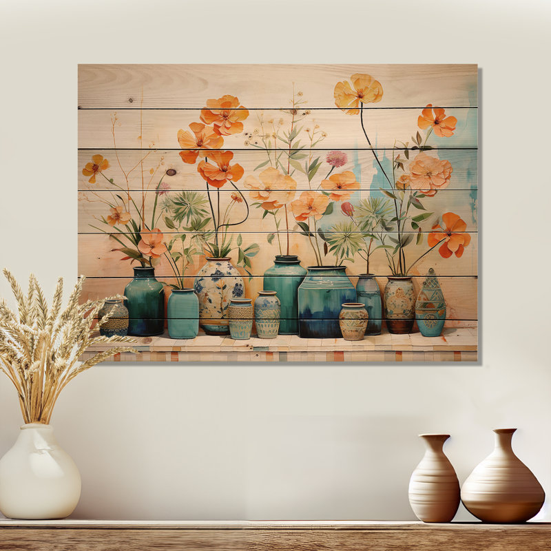 Aquarelle florale bleue II - poterie bohème sur bois, H 10 po x l 20 po x P 0,78 po