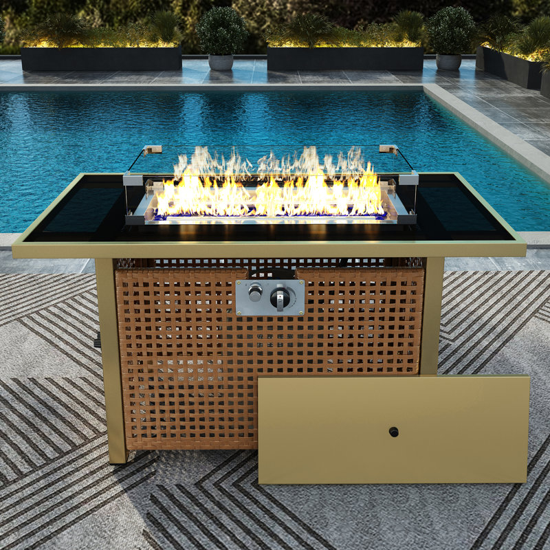 Table de foyer d'extérieur 60000, tissu rectangulaire ouvert de 43 po, coupe-vent en verre pour la cour de jardin - Table d'ombre jaune orange avec pierres bleues, propane et moutarde