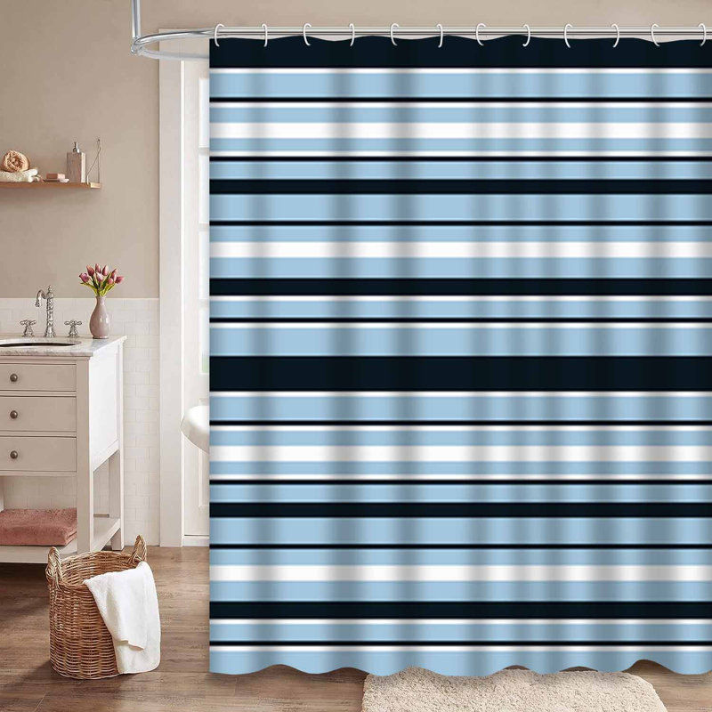 Rideau de douche rayé bleu ciel à 12 crochets, L 72 po x l 84 po