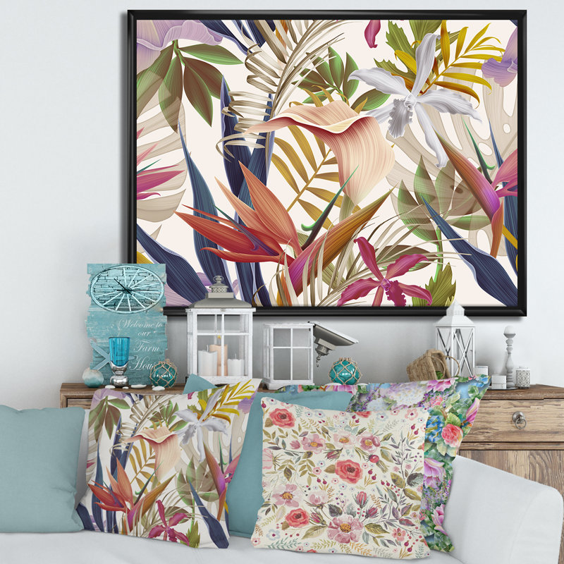 Fleurs tropicales rétro III - Impression sur toile, Cadre flottant noir, H 12 po x l 20 po x p 1 po