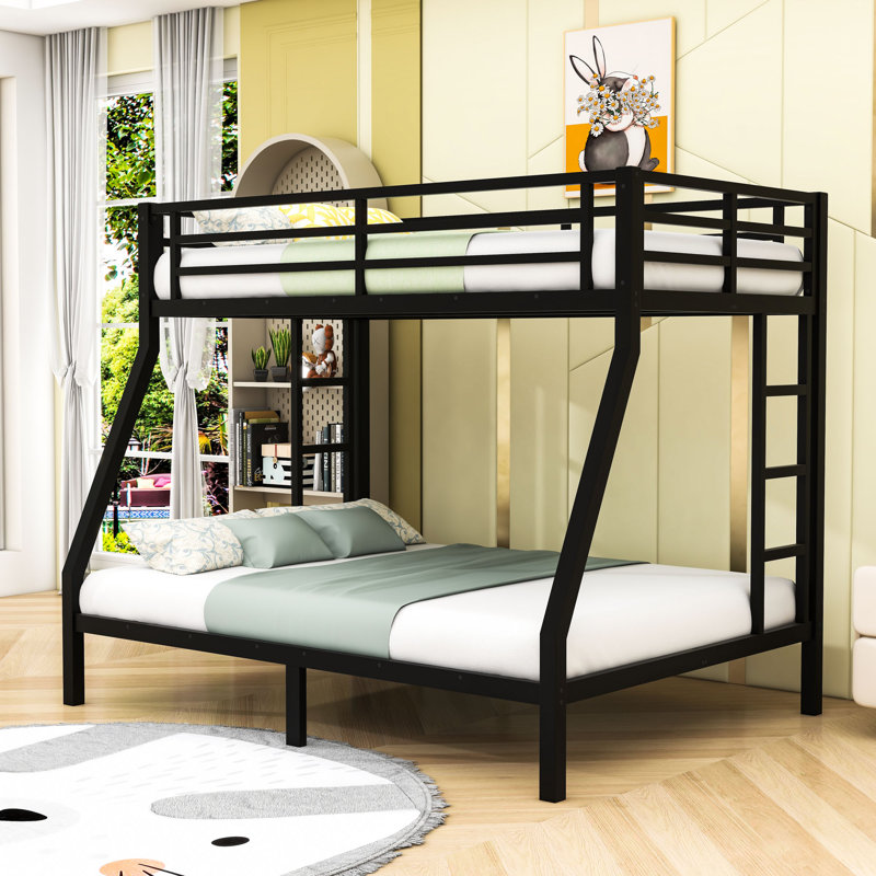 Metal Twin Over Full Bunk Bed With Slats And Ladder, Black, Twin over Full