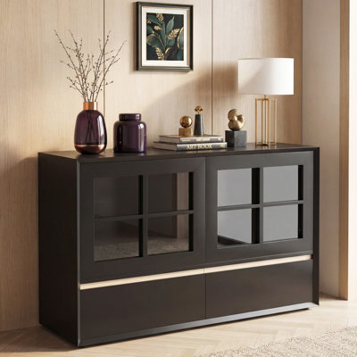 47.04" Solid Wood Sideboard Buffet Cabinet with Acrylic Doors and 2 Drawers, Modern Storage Console for Dining Room and Kitchen, Black Finish