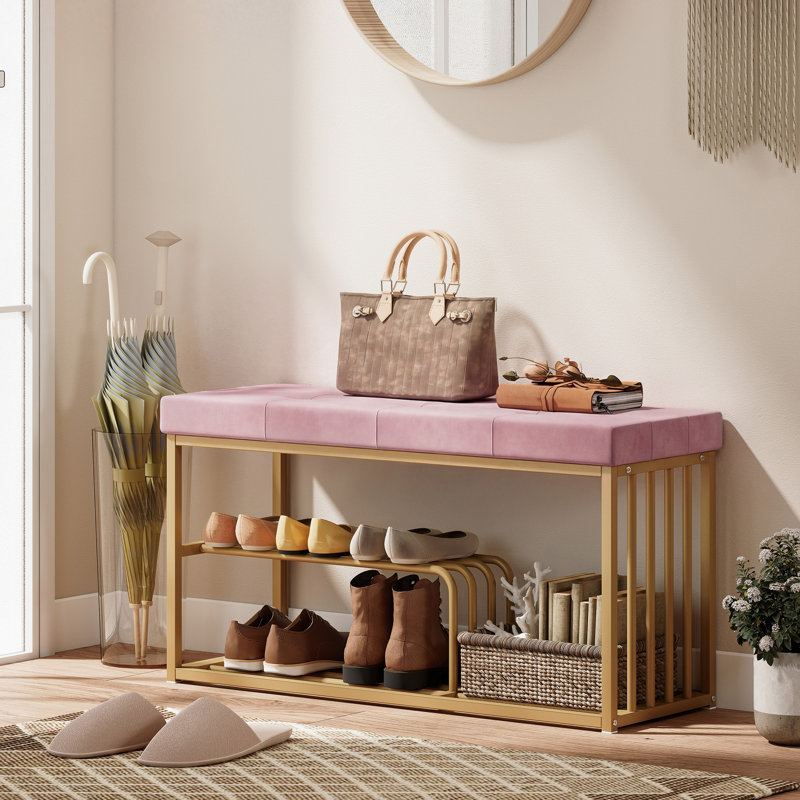 HOMCOM Shoe Storage Bench with Seat Cushion Tufted Shoe Rack Bench, Pink