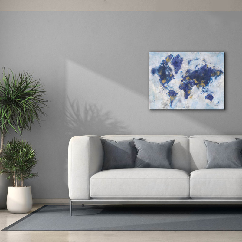 Wrought Studio 'Indigo World Map' by Danhui Nai Canvas Wall Art, H 26 po x l 34 po