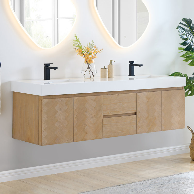 Meuble-lavabo double mural 72 po avec lavabo encastré artificiel sans miroir Ventura