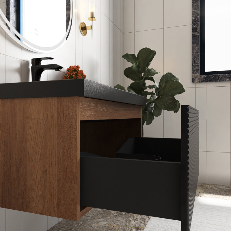 30 po W Meuble-lavabo mural simple en chêne naturel avec plateau en résine noir mat