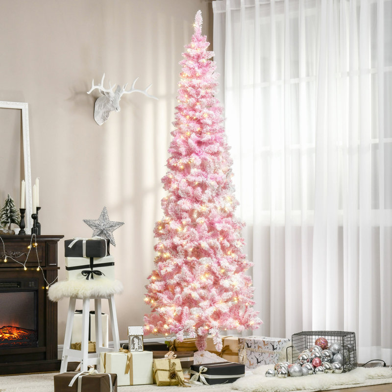 Arbre de Noël artificiel enneigé avec forme de crayon, branches réalistes en pin, lumières DEL blanc chaud, ouverture automatique