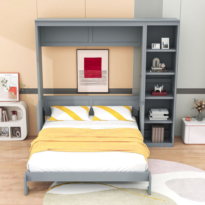 Lit escamotable avec cadre en bois Murphy, gris, Grand