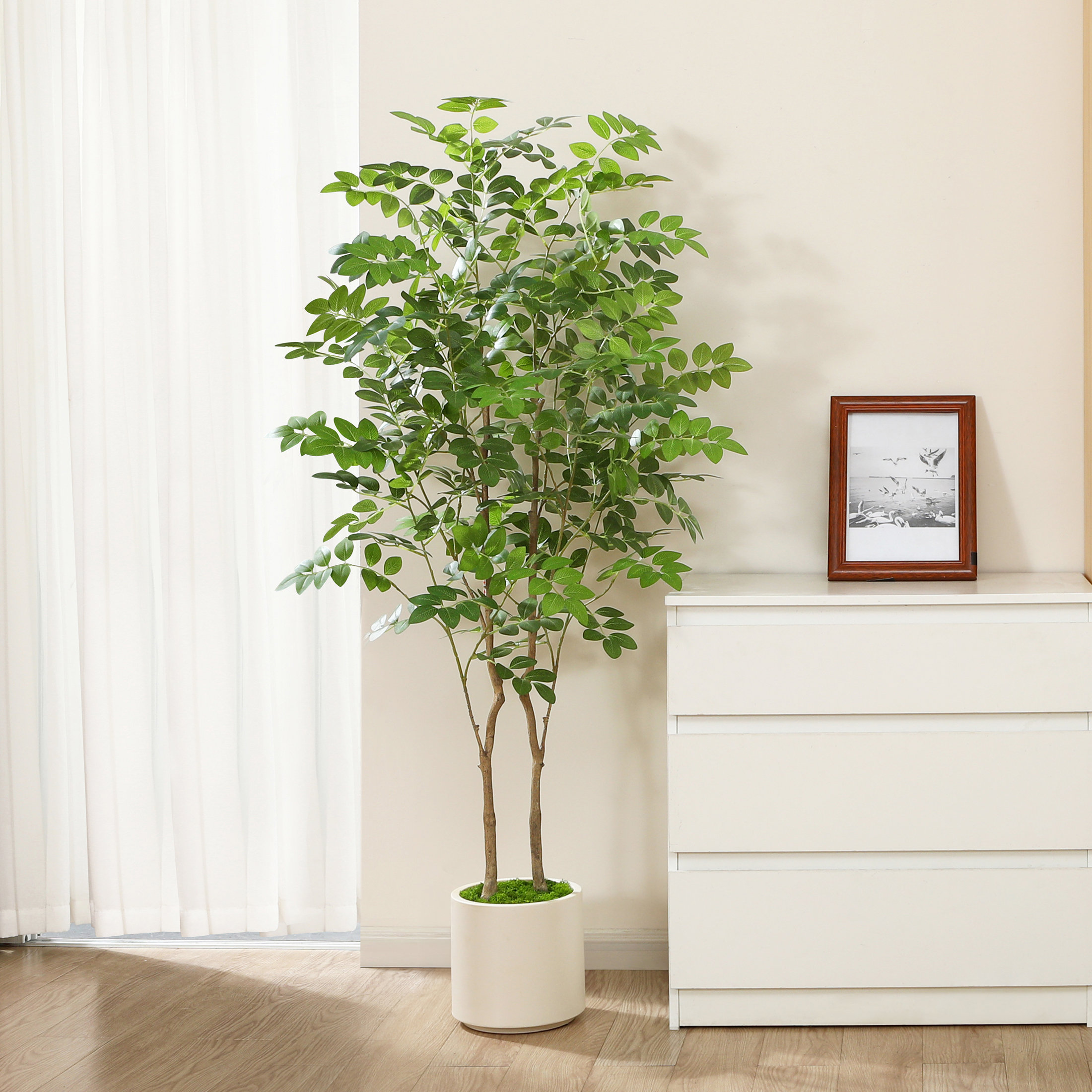 Primrue Faux Moringa Oleifera Tree in White Planter, Lifelike Fake