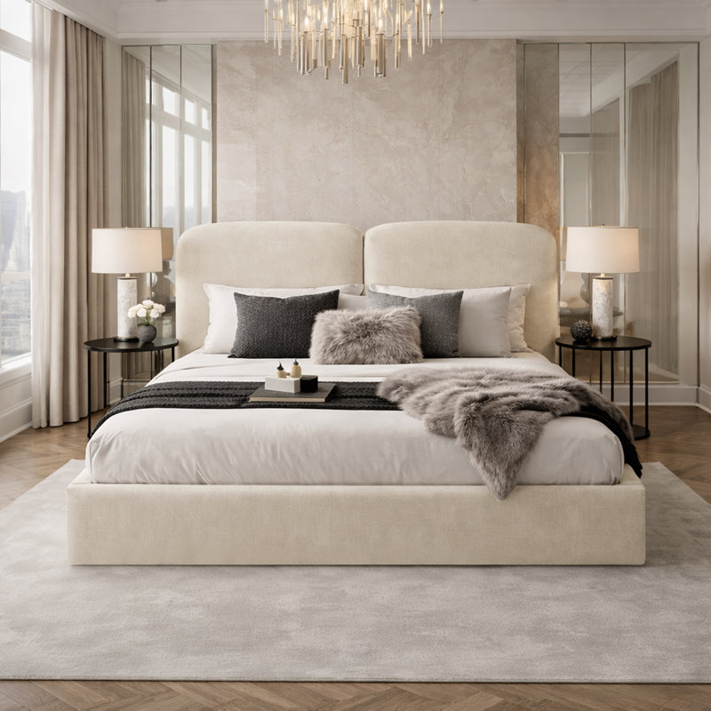 Upholstered Velvet Bed, Small Double (4'), Cream