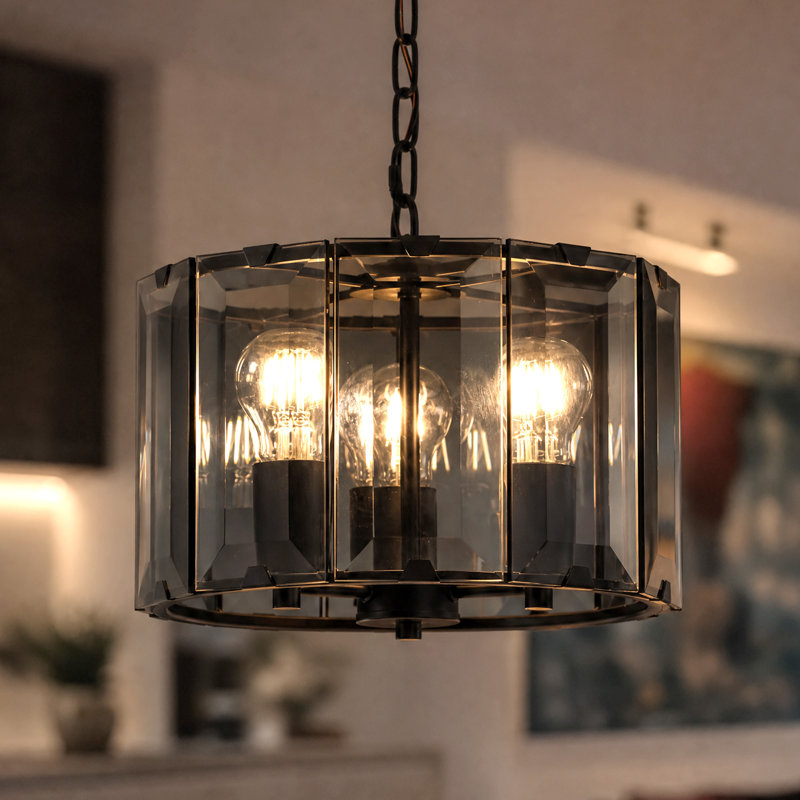 13" 3-Light Matte Black Smoked Flat Panel Glass Drum Chandelier