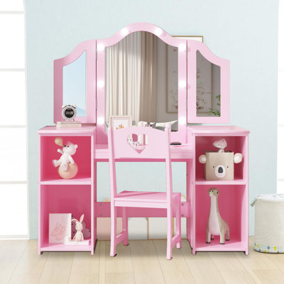 Princess Makeup Vanity with Lights, Small Vanity Table & Chair Set with Tri-Folding Mirror, Touch Light and Storage Cabinet, 2 in-1 Kids Vanity Desk with 4 Storage Compartments