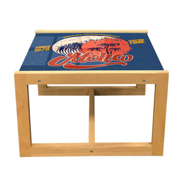 East Urban Home Surfboard Coffee Table, Surfing Related Lettering and Cartoon Retro Waves Palm Trees Layout, Acrylic Glass Center Table with Wooden FR