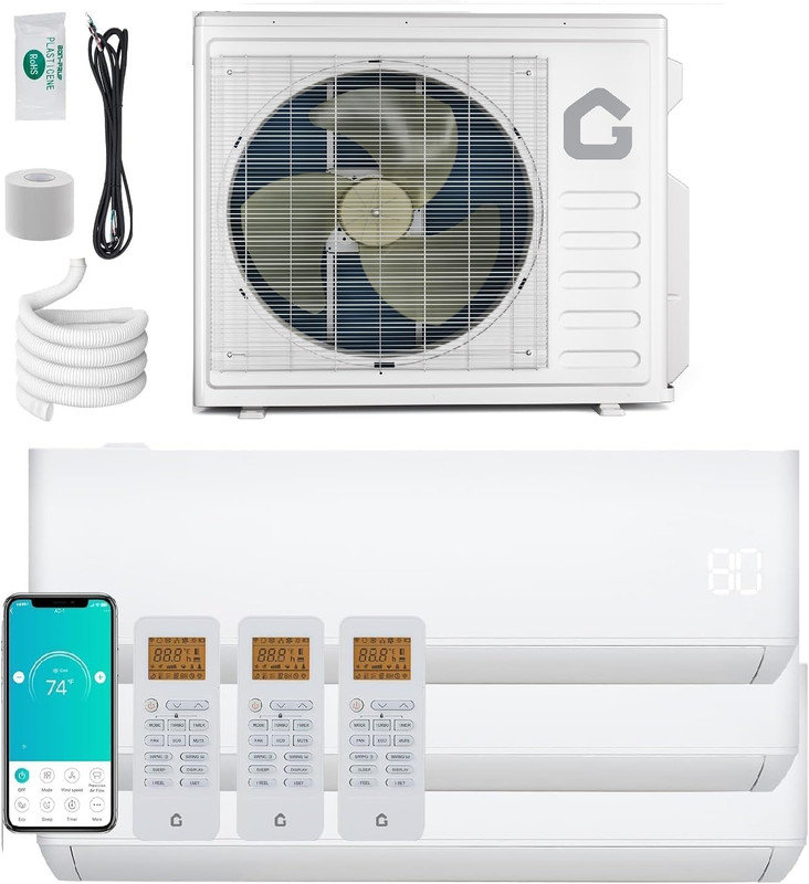Mini climatiseur à deux zones sans conduit et chauffage à 3 zones, système 35 000 BTU avec unités intérieures 9K / 9K / 18K, 19 SEER2, fixation murale, contrôle WiFi, 208-230V