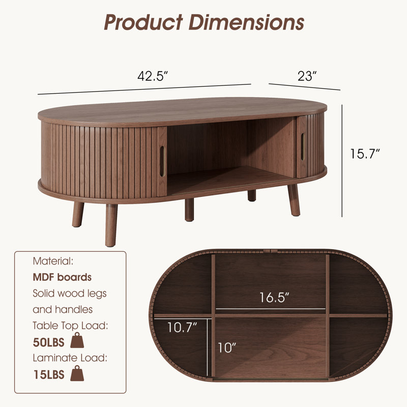 Mid Century Modern Coffee Table 42.5"W with Storage