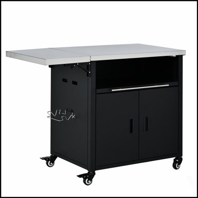 Chariot de barbecue pliable avec station de préparation pour l'extérieur avec deux plateaux de table, un support à ordures et un espace de rangement
