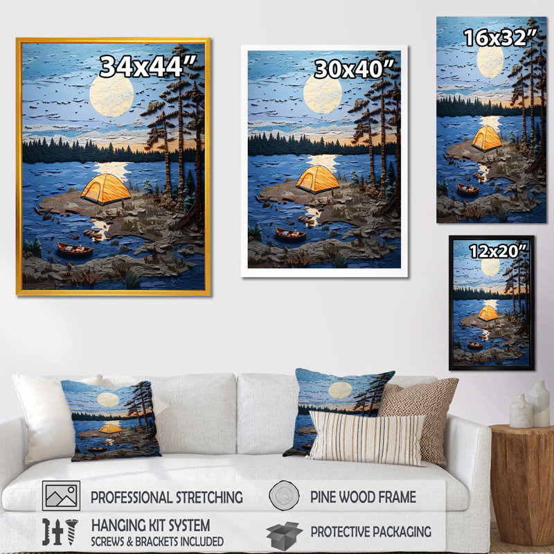 «Camping By The Late» - Art mural de voyage en camping, Cadre simple argenté, H 32 po x l 16 po x P 1 po